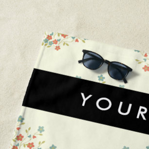 Blue and Red Flowers, Black, Your Name Beach Towel
