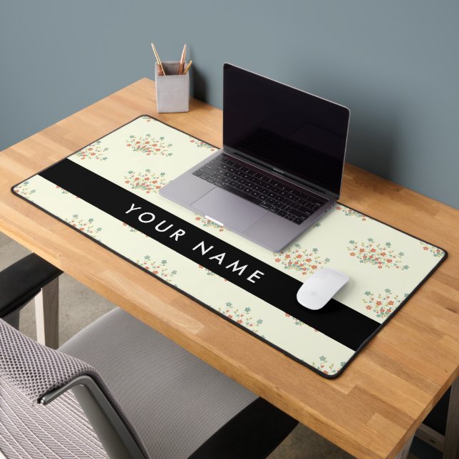 Blue and Red Flowers, Black, Your Name Desk Mat (Office 2)