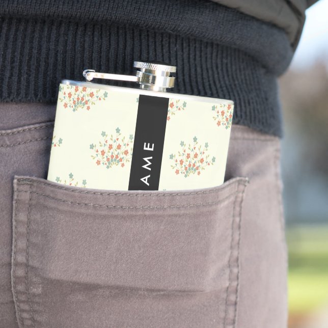 Blue and Red Flowers, Black, Your Name Hip Flask (In Situ)