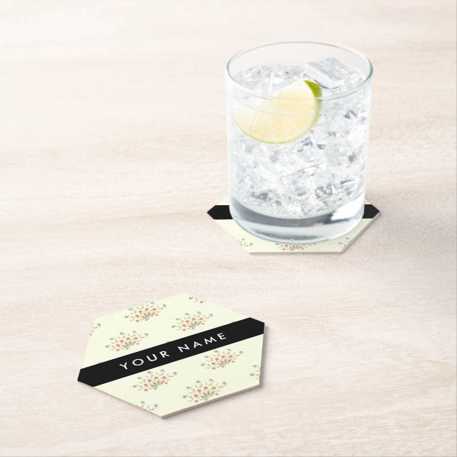 Blue and Red Flowers, Black, Your Name Paper Coaster (Insitu)