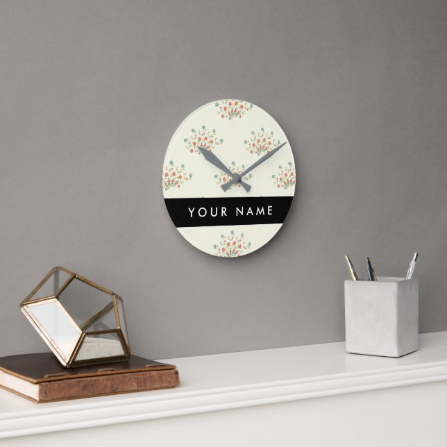 Blue and Red Flowers, Black, Your Name Round Clock (Office)