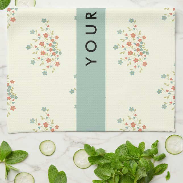 Blue and Red Flowers, Blue, Your Name Kitchen Towel (Folded)