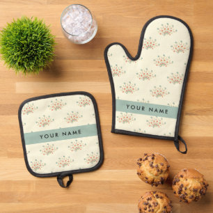 Blue and Red Flowers, Blue, Your Name Oven Mitt & Pot Holder Set