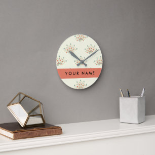 Blue and Red Flowers, Red, Your Name Round Clock
