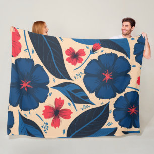 Blue and Red Flowers, with Dark Blue Leaves Fleece Blanket