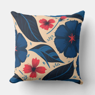 Blue and Red Flowers, with Dark Blue Leaves Throw Pillow