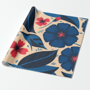 Blue and Red Flowers, with Dark Blue Leaves Wrapping Paper