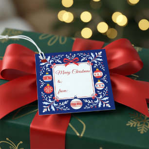 Blue and Red Folk Art Christmas Ornaments Favour Tags