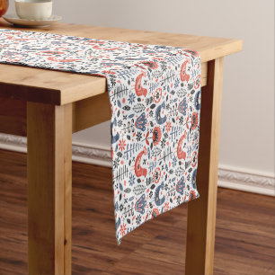 Blue and Red Folk Art Pattern Short Table Runner