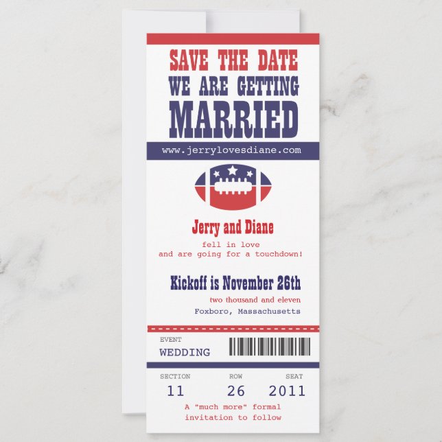 Blue and Red Football Ticket Wedding Save the Date (Front)