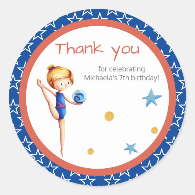 Blue and Red Girl Gymnast with Ball Birthday Classic Round Sticker (Front)