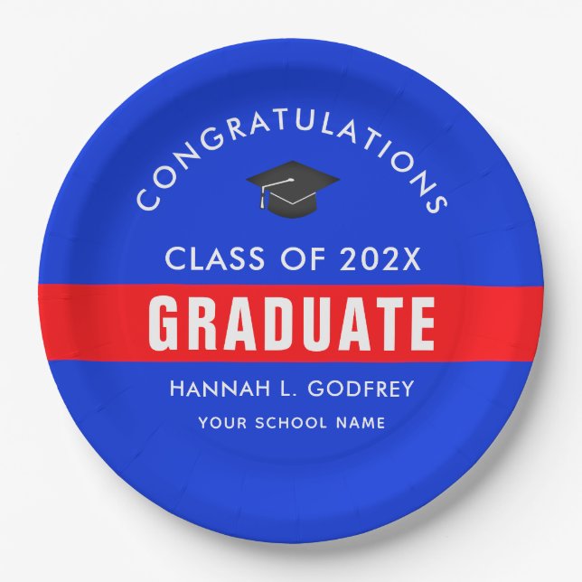Blue and Red Graduation Congrats Custom Paper Plate (Front)