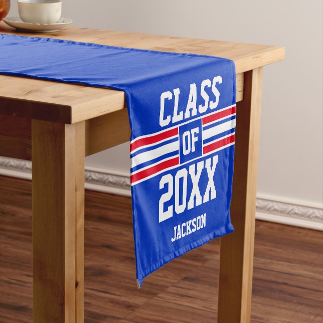 Blue and Red Graduation Custom Short Table Runner (In Situ)