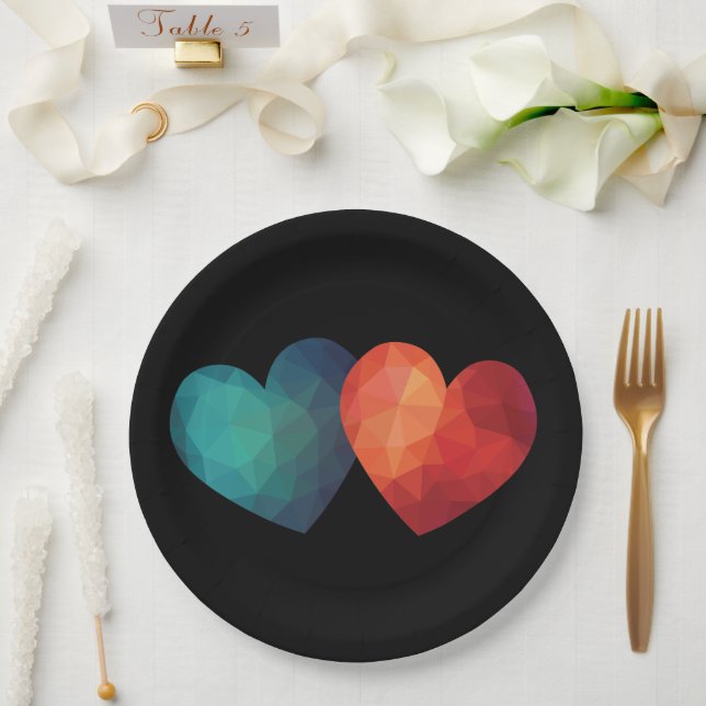Blue and red heart pair modern hi tech futuristic paper plate (Wedding)