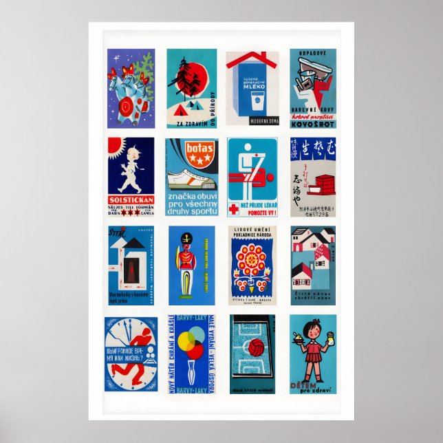 Blue and Red Matchbox Label Collage, vintage Poster (Front)