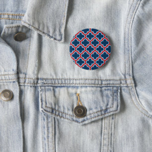 Blue and Red Moroccan Trellis, Lattice, Quatrefoil 2 Inch Round Button