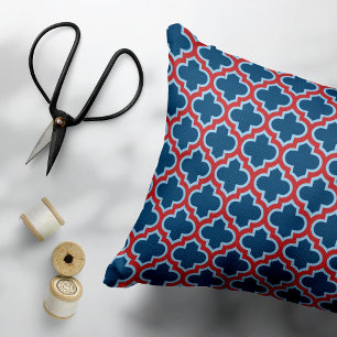 Blue and Red Moroccan Trellis, Lattice, Quatrefoil Accent Pillow