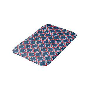 Blue and Red Moroccan Trellis, Lattice, Quatrefoil Bath Mat