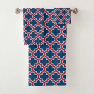 Blue and Red Moroccan Trellis, Lattice, Quatrefoil Bath Towel Set