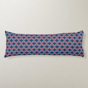 Blue and Red Moroccan Trellis, Lattice, Quatrefoil Body Pillow