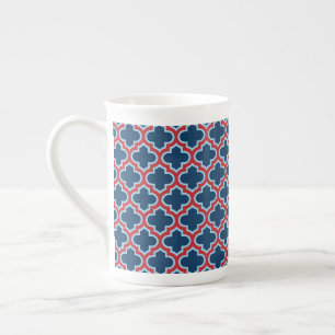 Blue and Red Moroccan Trellis, Lattice, Quatrefoil Bone China Mug