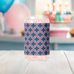 Blue and Red Moroccan Trellis, Lattice, Quatrefoil Can Glass