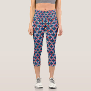 Blue and Red Moroccan Trellis, Lattice, Quatrefoil Capri Leggings