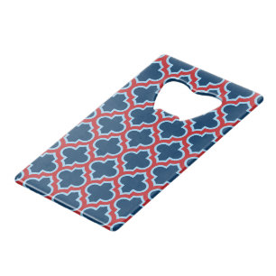 Blue and Red Moroccan Trellis, Lattice, Quatrefoil Credit Card Bottle Opener