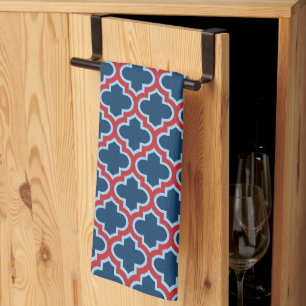 Blue and Red Moroccan Trellis, Lattice, Quatrefoil Kitchen Towel