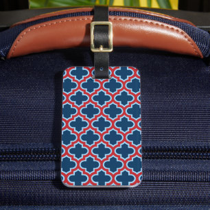 Blue and Red Moroccan Trellis, Lattice, Quatrefoil Luggage Tag
