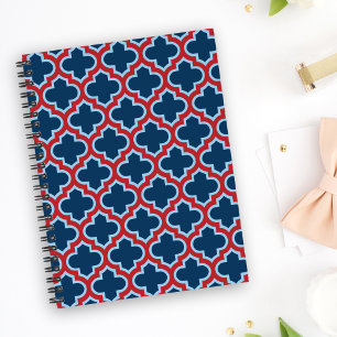 Blue and Red Moroccan Trellis, Lattice, Quatrefoil Notebook