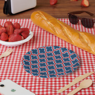 Blue and Red Moroccan Trellis, Lattice, Quatrefoil Paper Plate