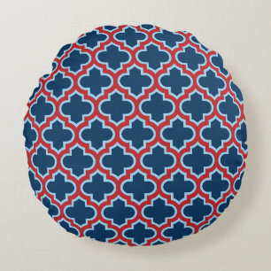 Blue and Red Moroccan Trellis, Lattice, Quatrefoil Round Pillow