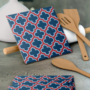 Blue and Red Moroccan Trellis, Lattice, Quatrefoil Tile