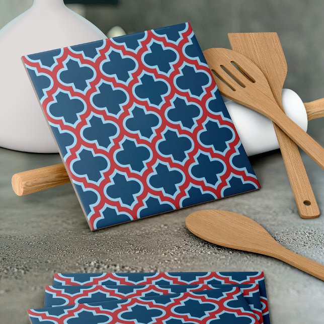 Blue and Red Moroccan Trellis, Lattice, Quatrefoil Tile (Creator Uploaded)