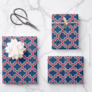 Blue and Red Moroccan Trellis, Lattice, Quatrefoil Wrapping Paper Sheet