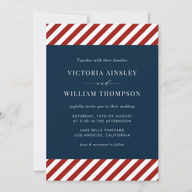 Blue and Red Nautical Stripes Wedding Invitation (Front)