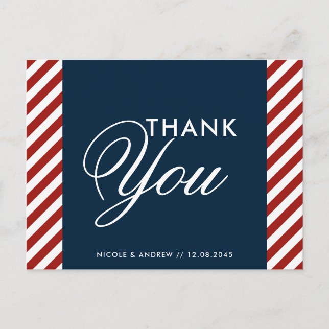 Blue and Red Nautical Wedding Thank You Post Card (Front)