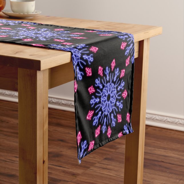 Blue and red neon flower short table runner (In Situ)