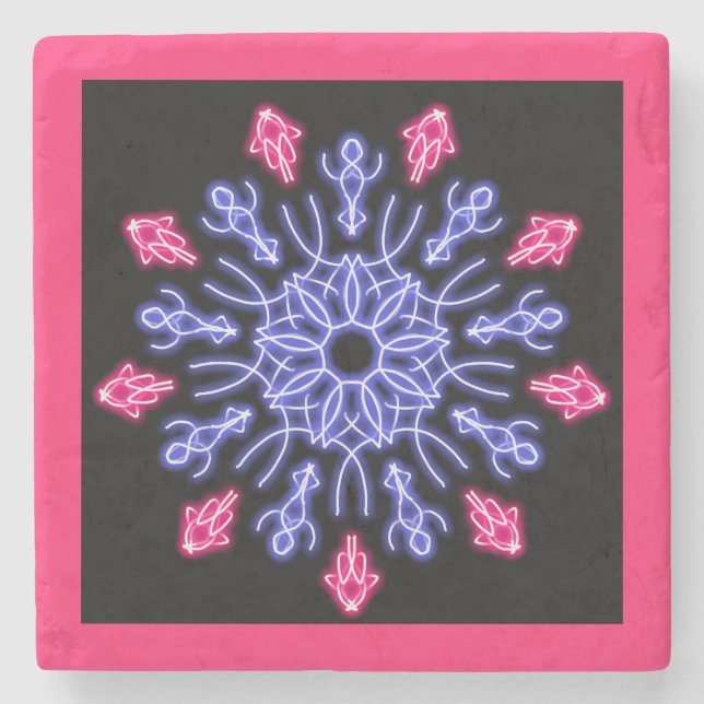 Blue and red neon flower stone coaster (Front)