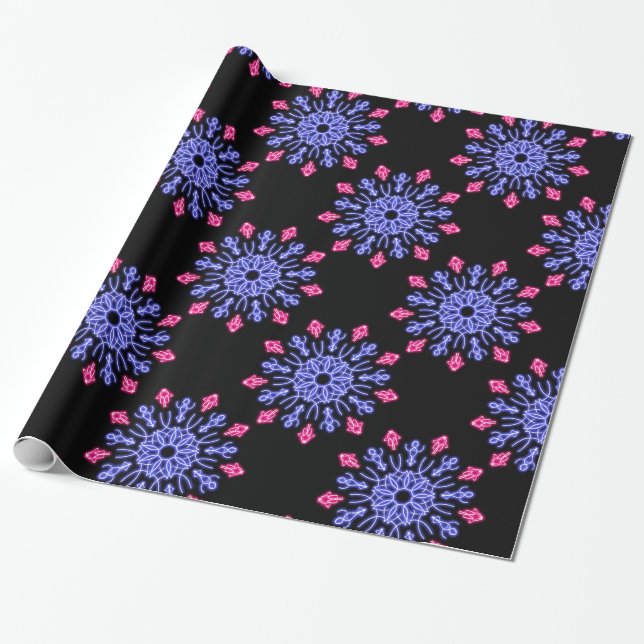 Blue and red neon flower wrapping paper (Unrolled)