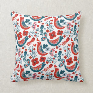 Blue and Red Nordic Bird Style Cushion