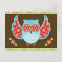 Blue and Red Owl on Brown and Green Postcard