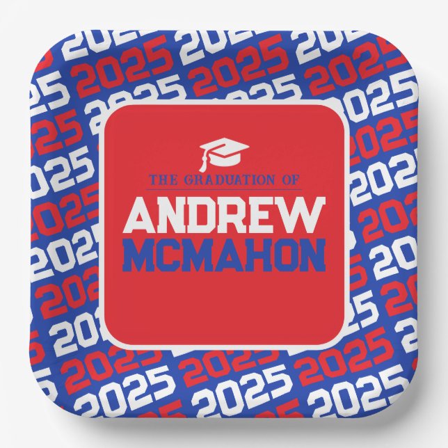 Blue and Red Personalized Graduation Paper Plate (Front)