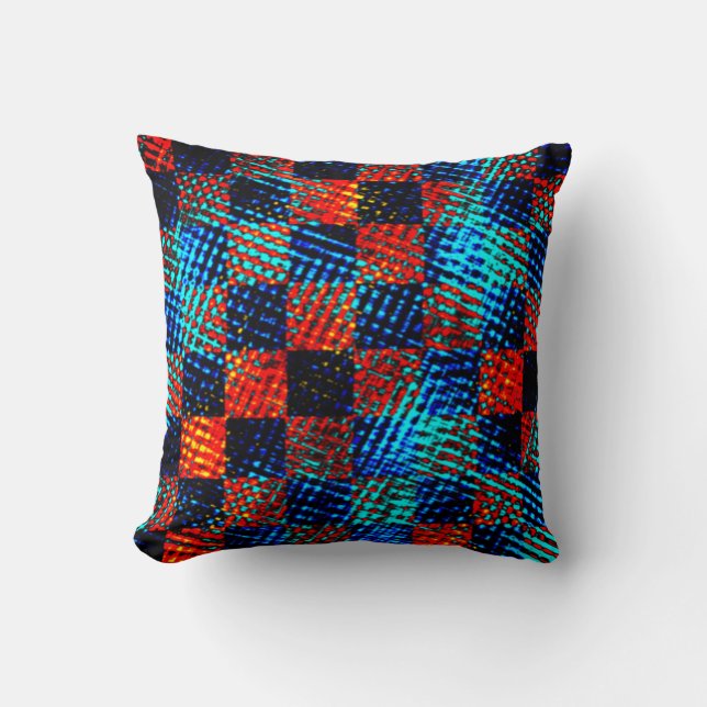 Blue and red plaid, stained or fake dirty throw pillow (Front)