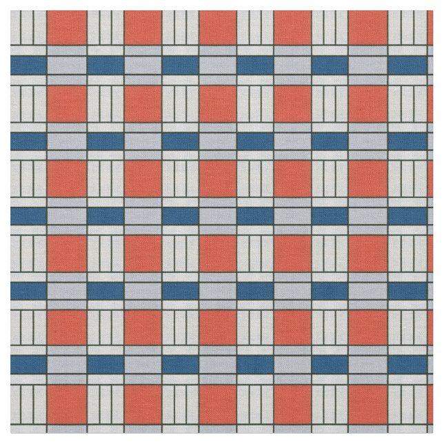 Blue and Red Retro Geometric Pattern Fabric (Close Up)