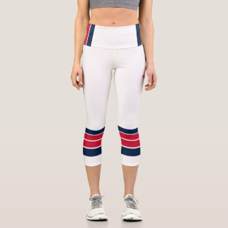 Blue and Red Retro Stripes on White Minimalist Capri Leggings