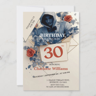 Blue and Red Rose Gothic 30th Birthday Invitation