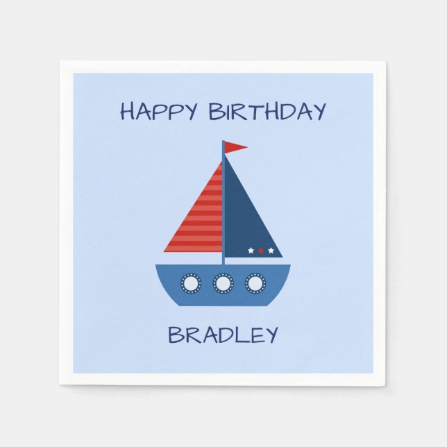 Blue and Red Sailboat Birthday Napkin (Front)