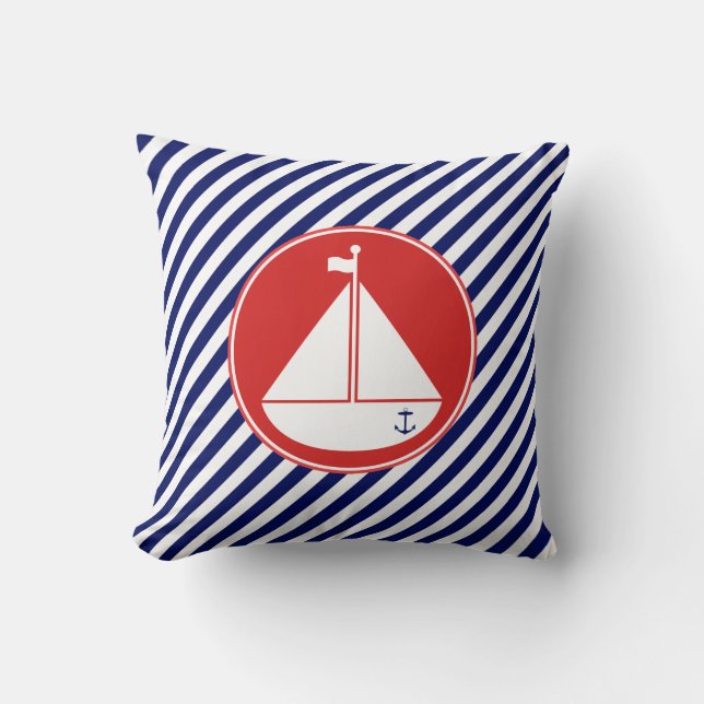 Blue and Red Sailboat Throw Pillow (Front)